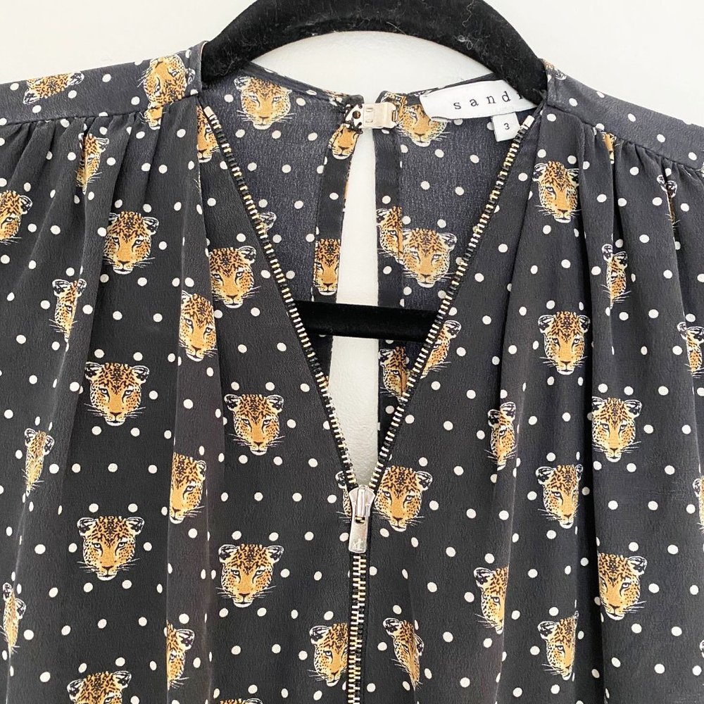 SANDRO PARIS Black Silk Tiger Cheetah and Polka Dot Zipper Blouse Top SZ 3